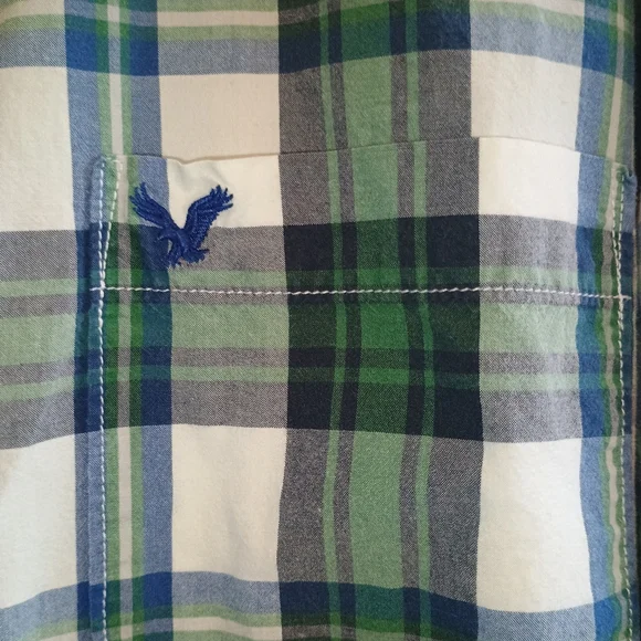 American Eagle Outfitters LT Plaid Shirt Green Blue White Button Front Athletic - Picture 5 of 12